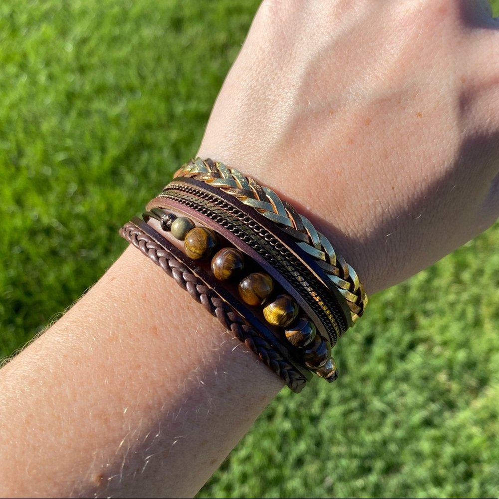 Brown Beaded Bracelet Boho Country Western Magnetic Genuine Leather Cuff NEW